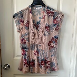 Y2K Vintage Floral Lace Trim Blouse - Pink and Blue size small